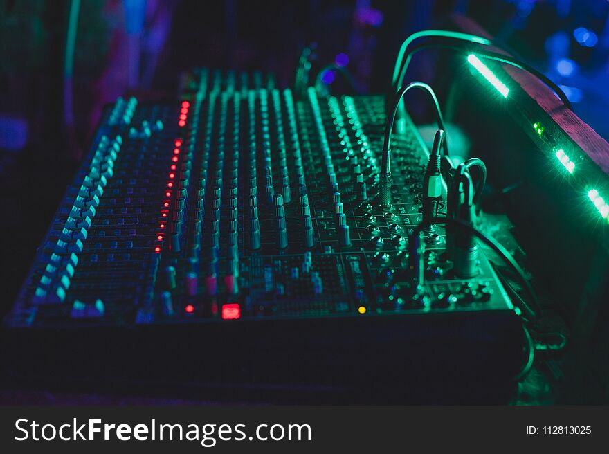 Sound mixing console in a nightclub.