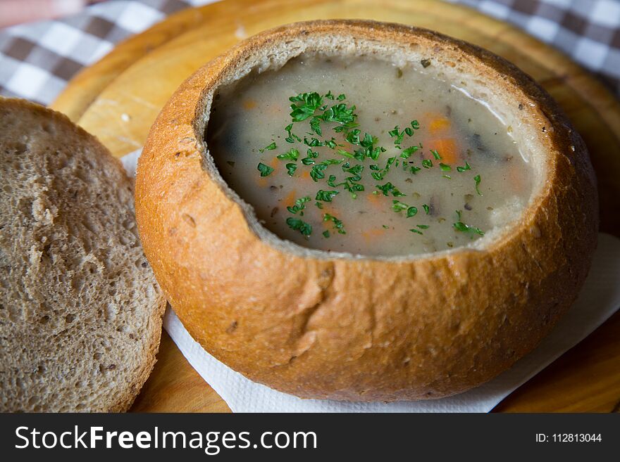 Prague, Czech Republic, may 2017, soup in bread,