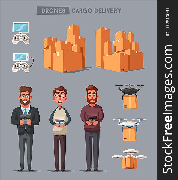 Set of drones and people. Delivery copters. Cartoon vector illustration. Remote control. Funny characters. Set of drones and people. Delivery copters. Cartoon vector illustration. Remote control. Funny characters