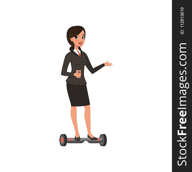Beautiful business woman riding on electric hoverboard with coffee cup in hand. Young girl in formal suit: black jacket