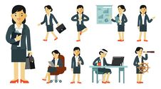 Set Of Businesswoman Characters In Different Poses In Flat Style Isolated On White Background. Stock Photo
