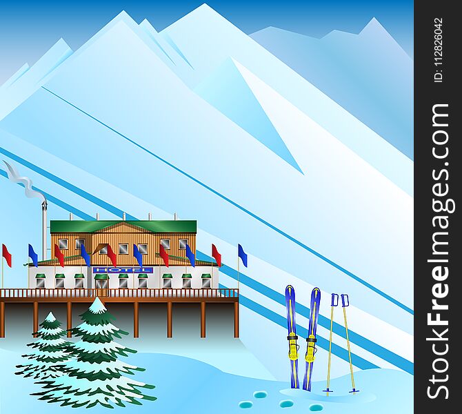 Ski resort on the background of mountains. Vector Illustration