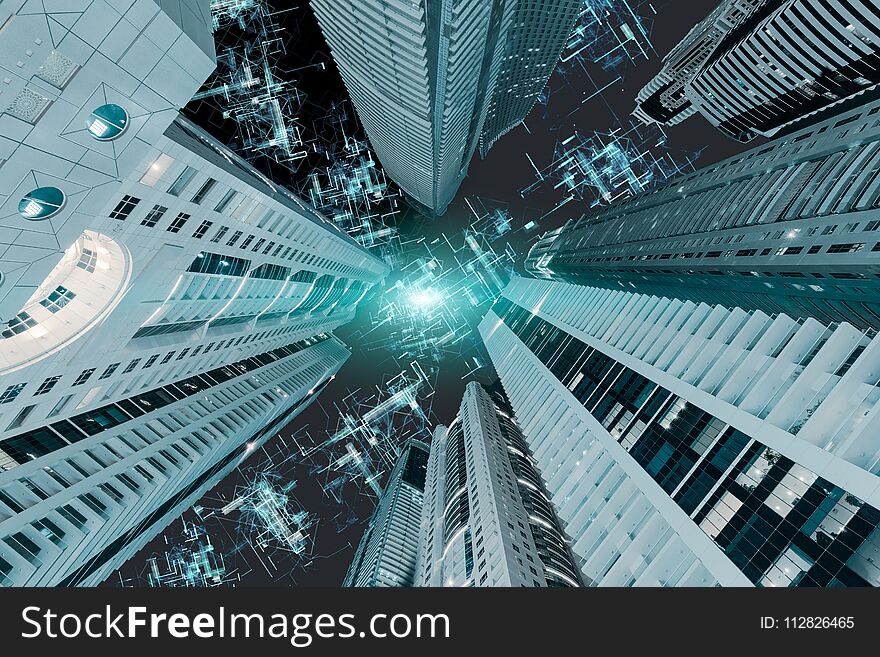 Upward view of futuristic skyscrapers to sky with network connections in global communications. Business concept. Upward view of futuristic skyscrapers to sky with network connections in global communications. Business concept.