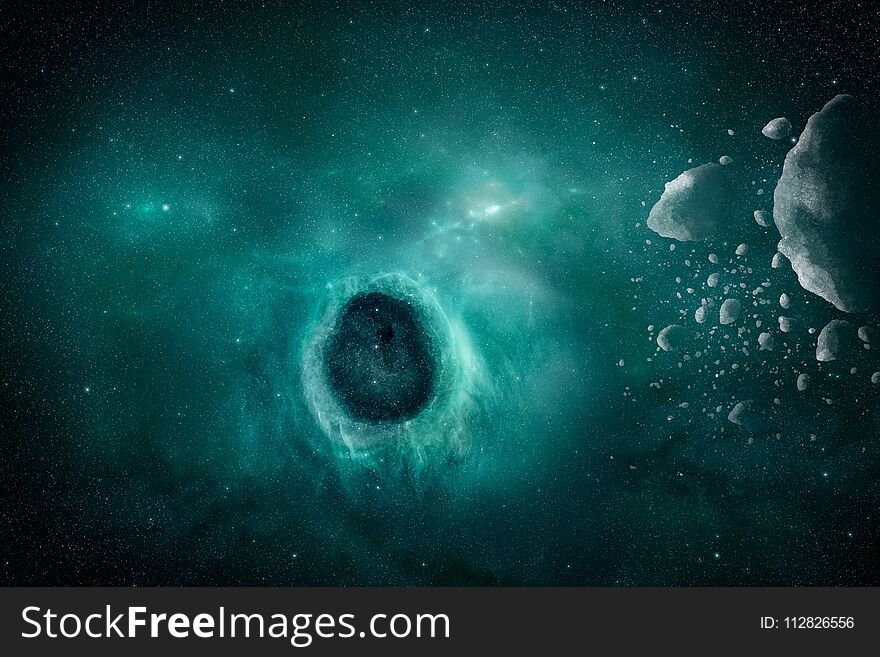 View on illuminated nebula and black hole in outer space with aseroids. High resolution scientific green illustration. View on illuminated nebula and black hole in outer space with aseroids. High resolution scientific green illustration.