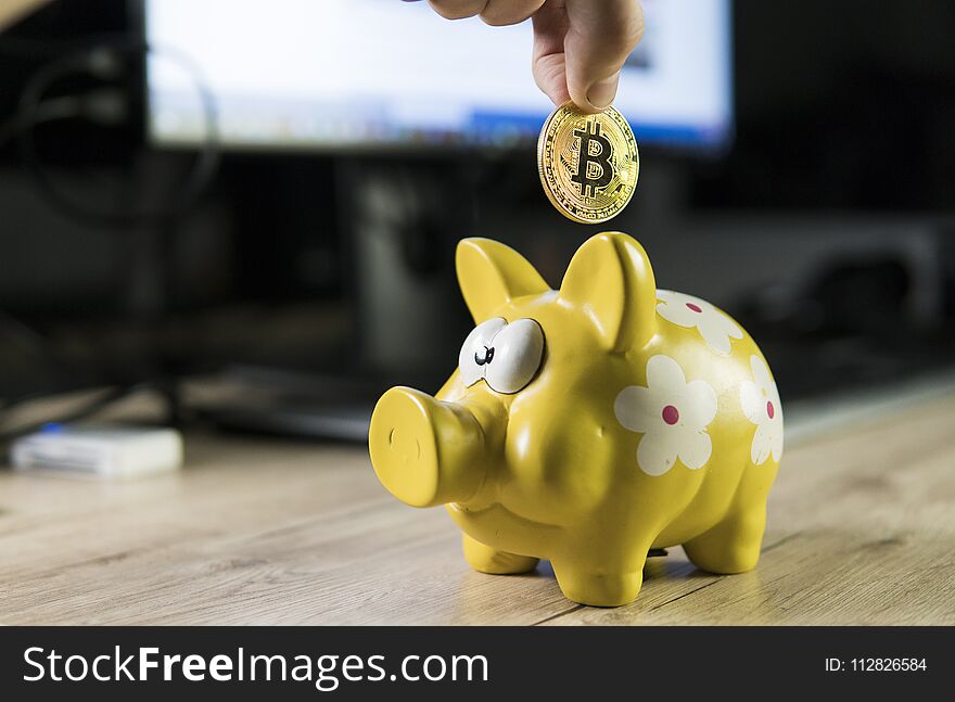 Hand putting golden bitcoin in to piggy bank money box with a computer on background. Cryptocurrency investment concept. BTC coin as symbol of electronic virtual money. Web banking, network payment