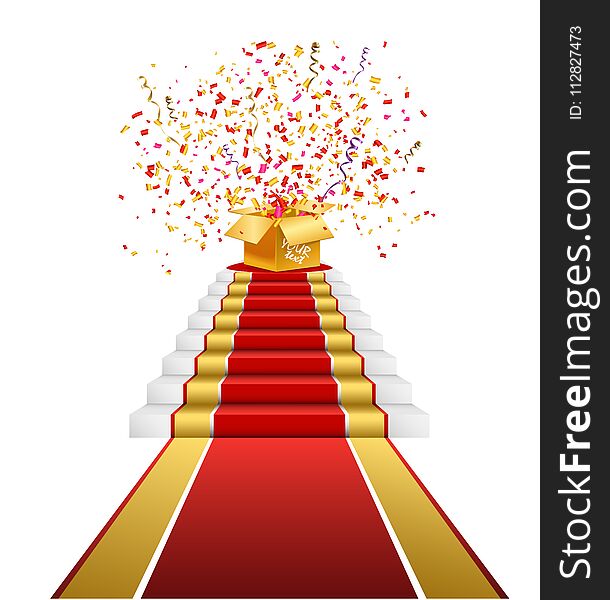 Staircase with red carpet. Prize, gift boxes. Realistic illustration. Staircase with red carpet. Prize, gift boxes. Realistic illustration