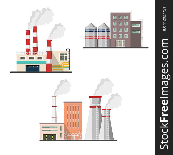 Vector set of nuclear power plants, ecology, air pollution