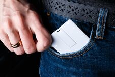 Mock Up. Woman Holding White Card Usb Flash Memory Card Royalty Free Stock Photo