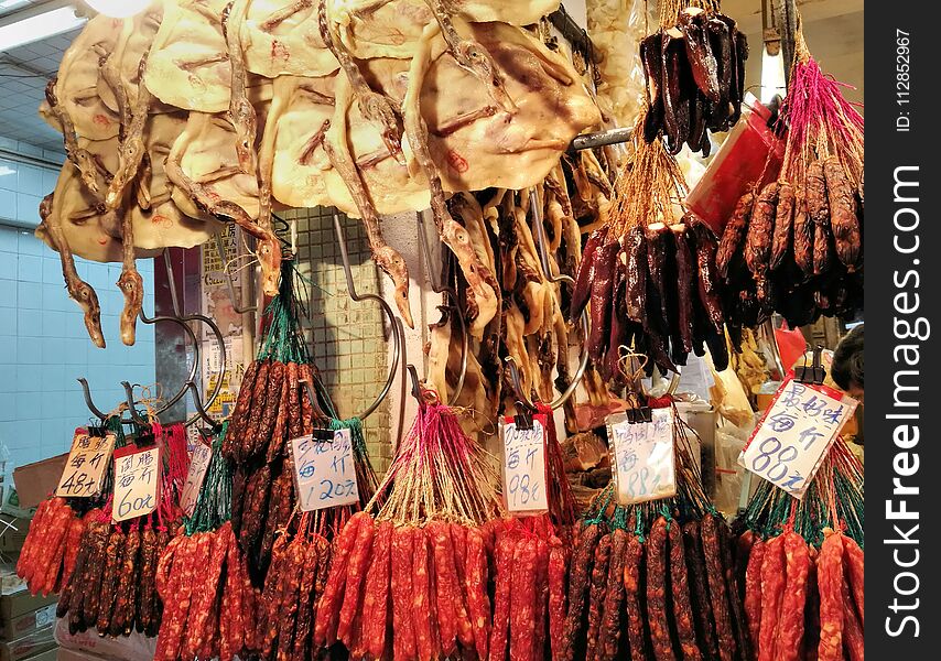 Dried meat, sausage and duck in a Chinese market Hong Kong. Dried meat, sausage and duck in a Chinese market Hong Kong