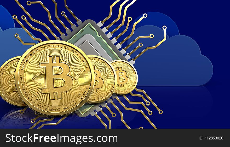 3d illustration of cpu over clouds background with bitcoins row. 3d illustration of cpu over clouds background with bitcoins row