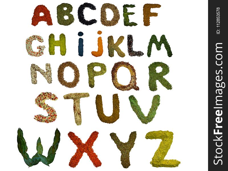 Isolated English alphabet lined with a variety of colorful and fragrant spices and flavouring