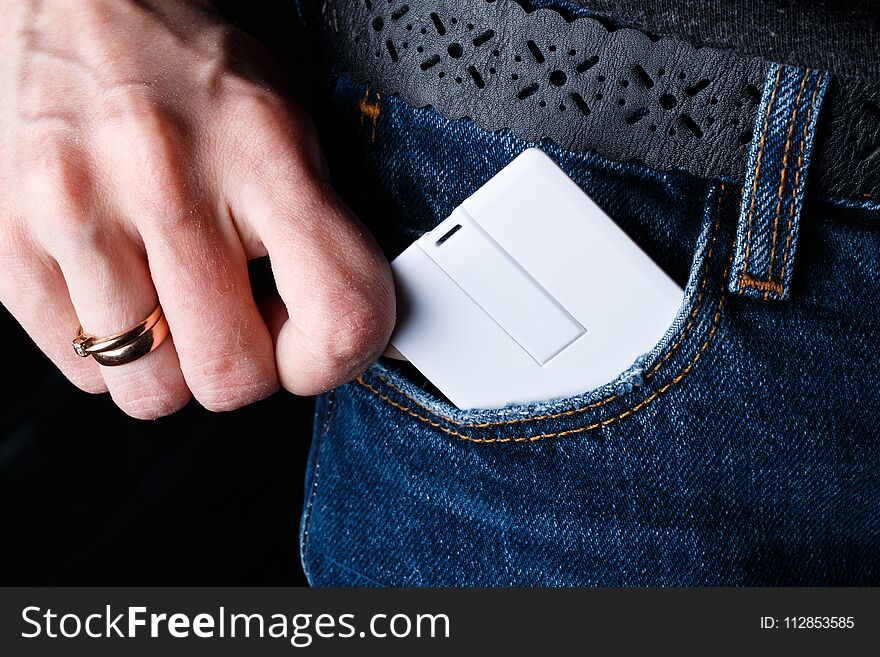 Mock Up. Woman Holding White Card Usb Flash Memory Card