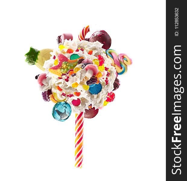 Whipped chantilly cream lolipop concept. Round whipped milk shake cream like lollipop with candy, sweets and candy on