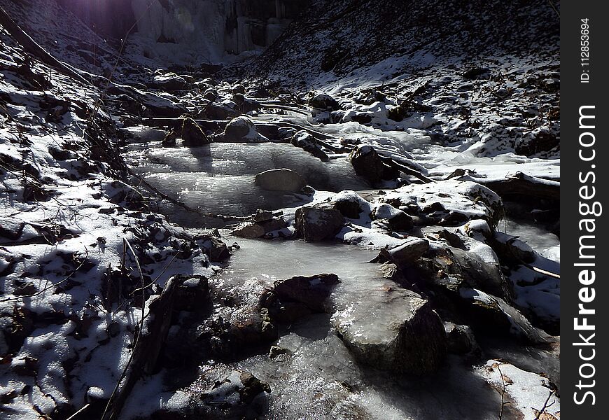 Frozen river in a forest, Ice - frozen river in winter - Big Fatra - Slovakia
