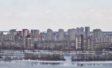 Kiev, March 24, 2018, Ukraine. View Of The City And Real Estate Through The Winter River In The Ice Stock Image