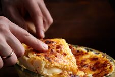 A Piece Of Lasagna Cooked In A Glass Pan Over Vintage Wooden Background, Top View, Close-up, Selective Focus Stock Images
