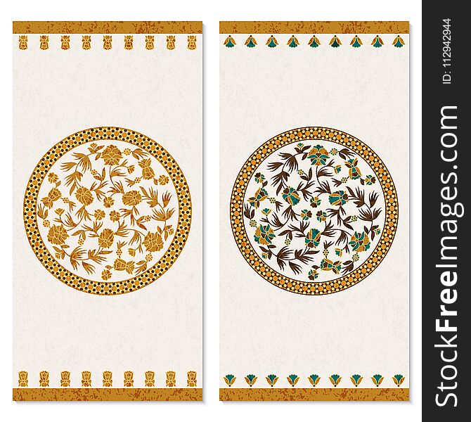 Set with two cards with floral gold vintage ornament in a circle. design for print, covers, invitations