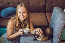 Young Woman Is Drinking Coffee And Stroking The Cat Against The Backdrop Of The Sofa Scratched By Cats Royalty Free Stock Images