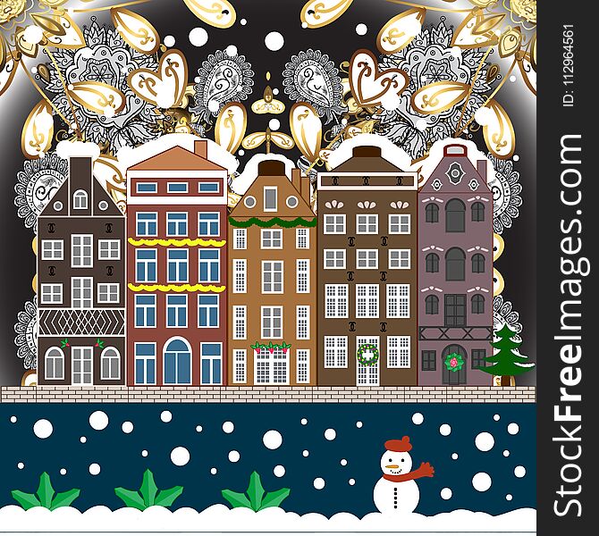 Raster illustration. Winter village night Christmas background. Raster illustration. Winter village night Christmas background.