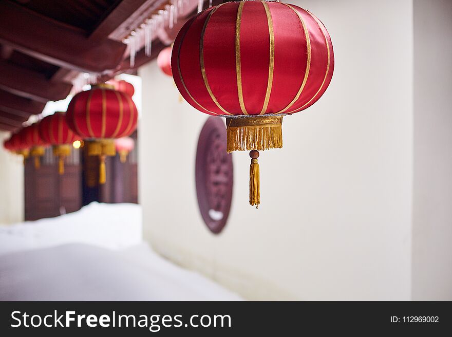 Red Lanterns In Vietnamese Buddhist Temple At Winter Day