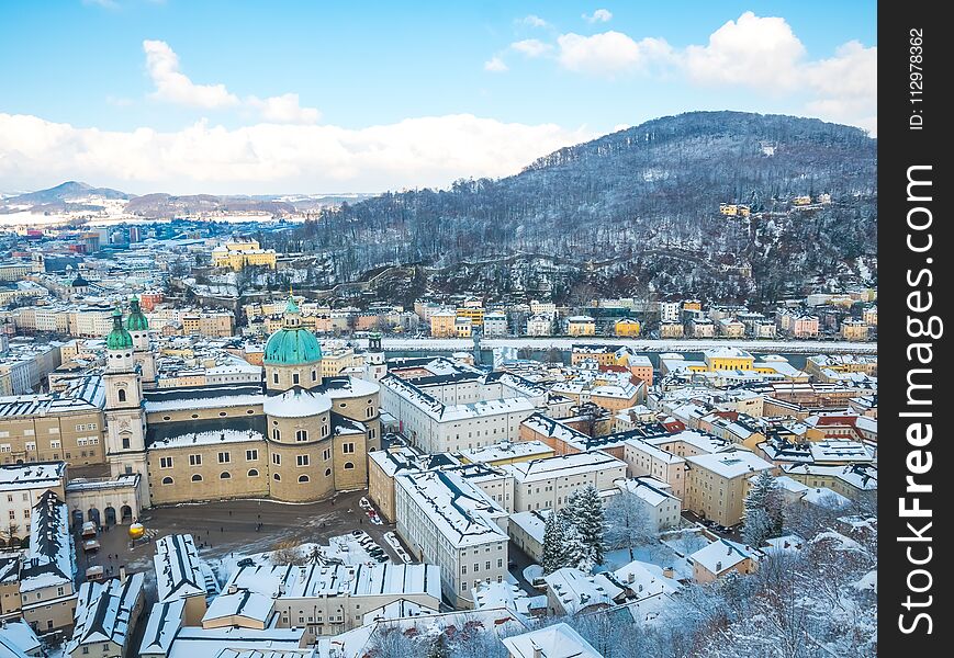 Cityscape Landscape Salzburg Austria Blue Sky Winter Season Snow Moutain