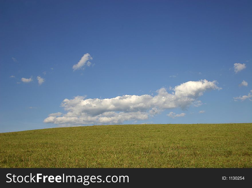 A green field of grass and a beautiful blue sky with white fluffy clouds. A green field of grass and a beautiful blue sky with white fluffy clouds