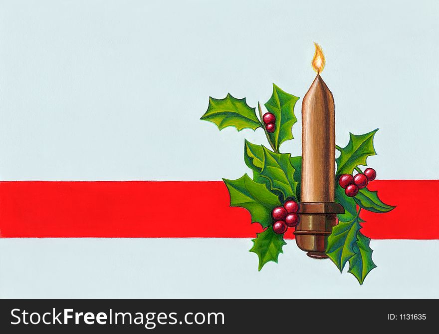 Christmas decoration with candle. Hand painted illustration.