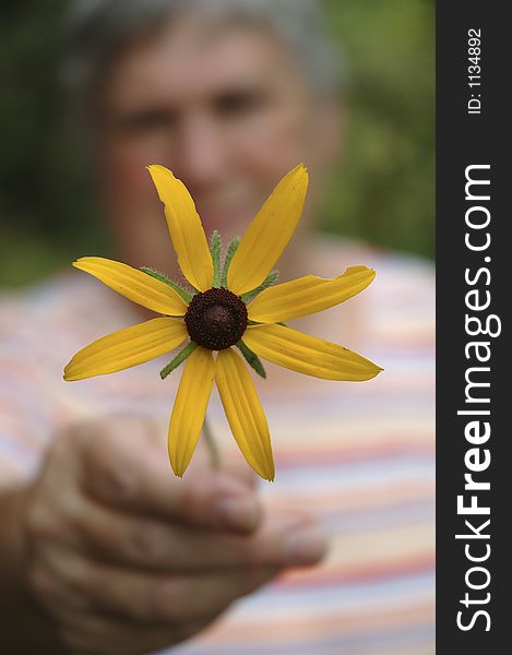 A woman holding out a black-eyed susan. The flower is in focus and the woman is not.