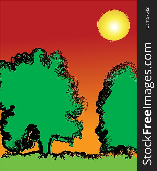Illustration of trees with sun