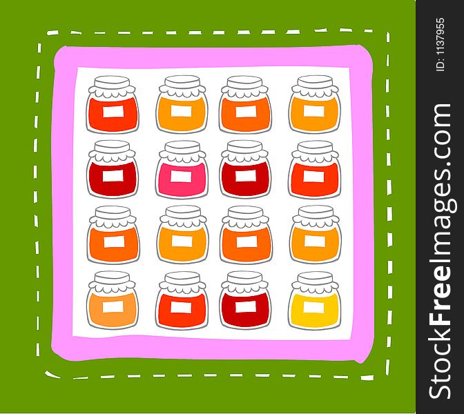 Illustration with coloured jars in a square. Illustration with coloured jars in a square