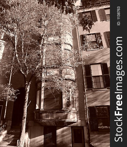 Sepia toned image of brownstone townhouses on beacon hill in boston. Sepia toned image of brownstone townhouses on beacon hill in boston