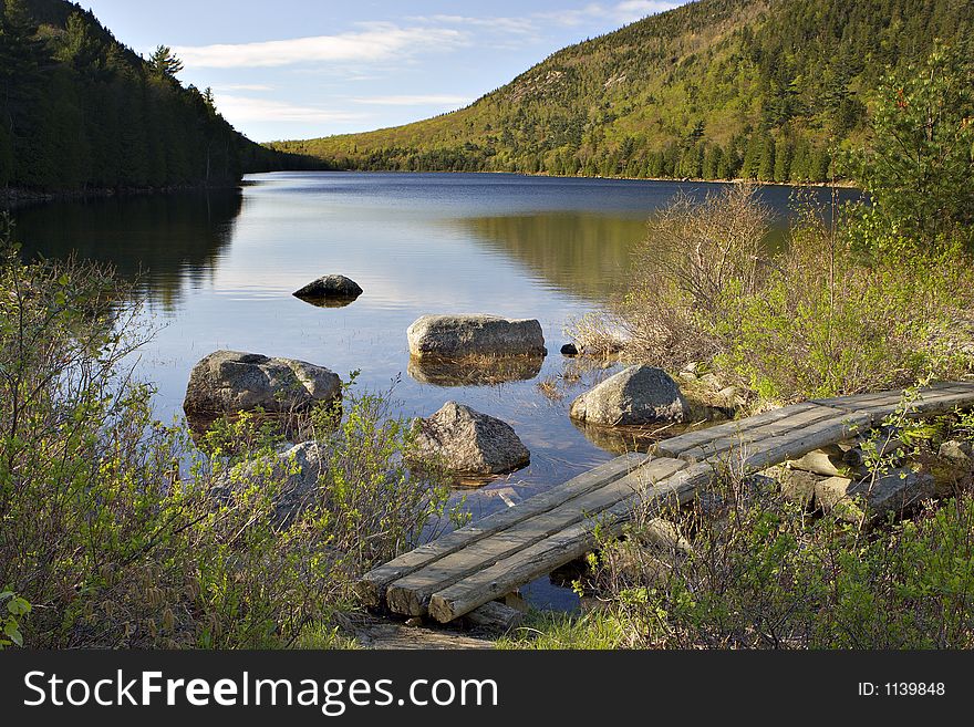 Footbridge over Lake in Acadia National Park, Maine