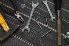 Joinery Tools On A Dark Wooden Table. Place For The Text. A Conc Royalty Free Stock Photography