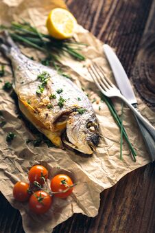 Gilthead Seabream & X28;Sparus Aurata& X29; Baked In The Oven. Stock Images Gilthead Seabream & X28;Sparus Aurata& X29; Baked In The Oven. Stock Images