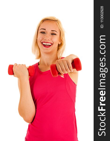 Active sporty woman works out with dumbbells isolated over white