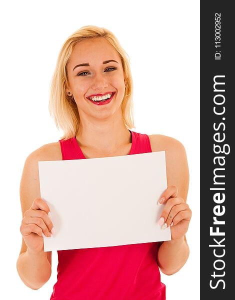 Active sporty woman holds white banner with copy space for additional text or graphic isolated over white background