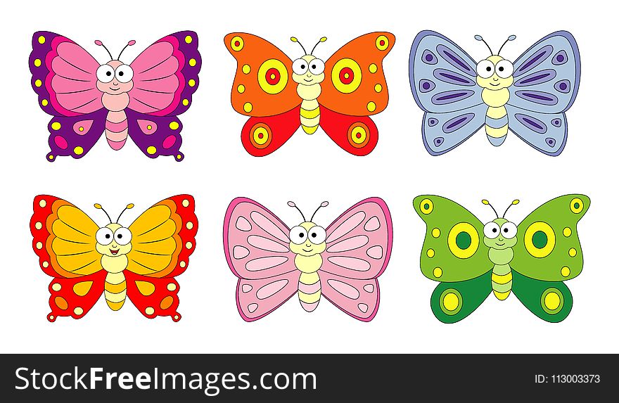 Set Of 6 Cartoon Butterfly. Vector Illustration Isolation On White Background.