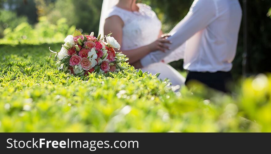 Newlyweds walk in the park in spring. Newlyweds walk in the park in spring