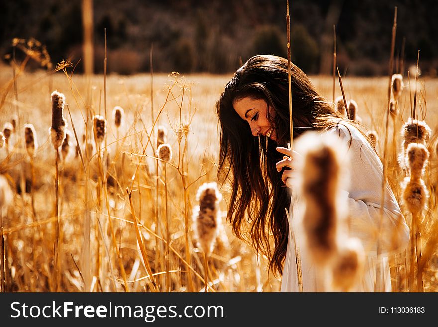 Woman in White Long-sleeved Shirt Walking on Brown Wheat Field