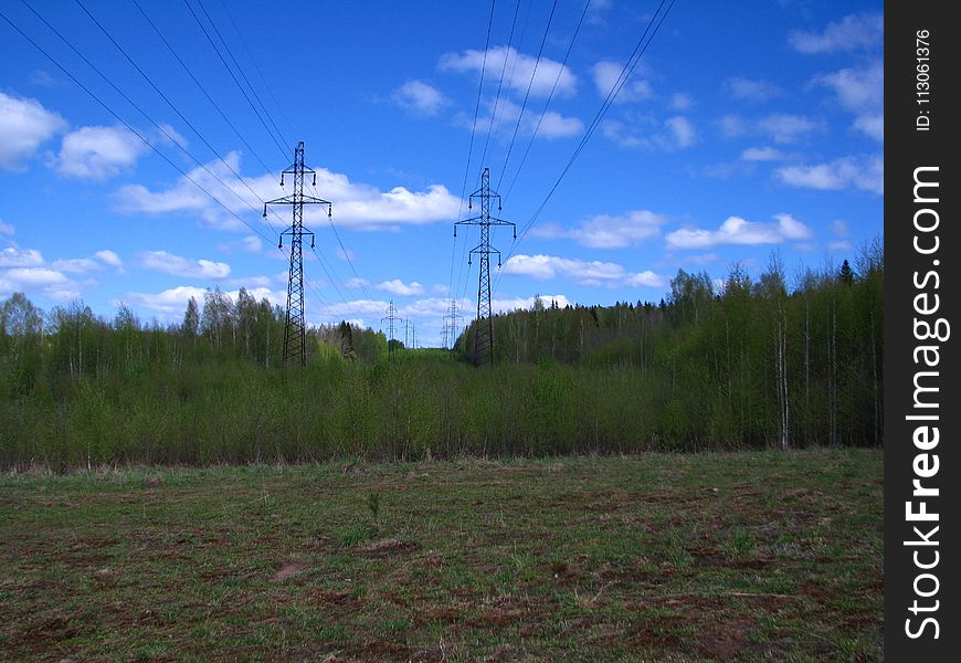 Grassland, Overhead Power Line, Sky, Ecosystem