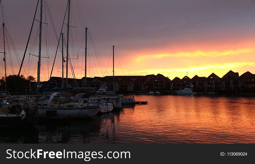 Marina, Sky, Sunset, Dock