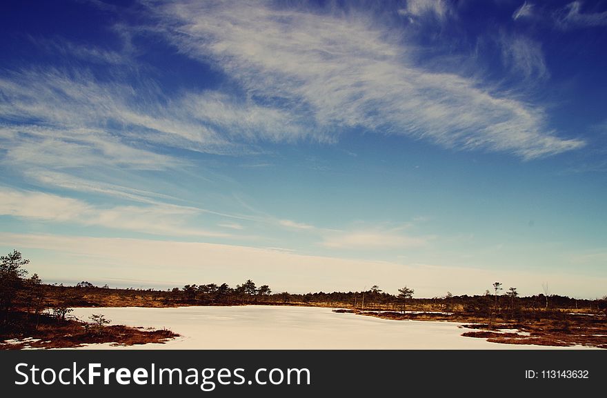 Body of Water Near Trees Under Blue and White Skies