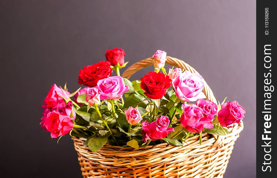 Beautiful Bouquet Of Roses In A Basket.