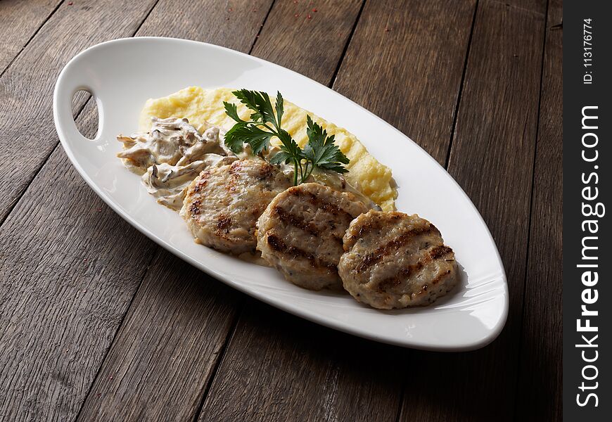 Restaurant dish. Cutlets and mashed potatoes.