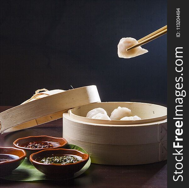 Dimsum Food With Bamboo Bowl