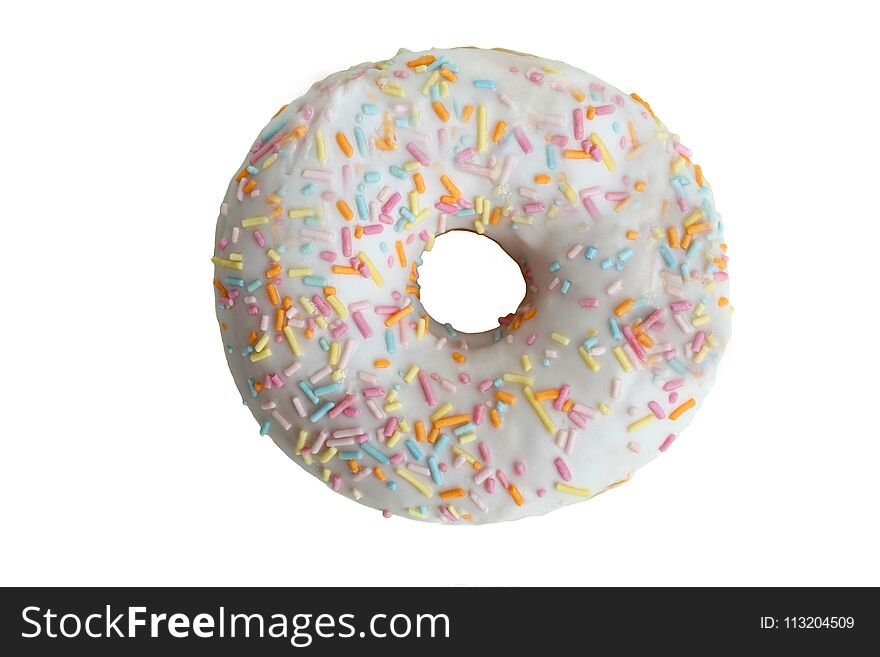 One beautiful donut with white icing isolated on white background.