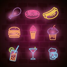 Fast Food And Drinks With Neon Lights Icons Stock Image