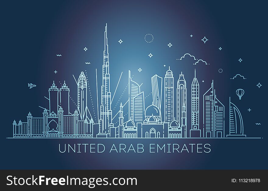 United Arab Emirates skyline with panorama in sky background. Vector Illustration. Business travel and tourism concept with modern buildings. Image for banner or web site. United Arab Emirates skyline with panorama in sky background. Vector Illustration. Business travel and tourism concept with modern buildings. Image for banner or web site.