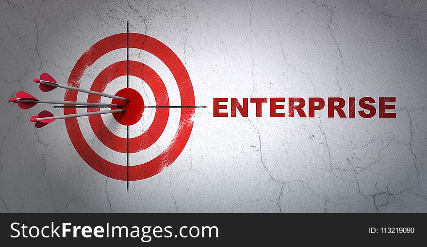 Success finance concept: arrows hitting the center of target, Red Enterprise on wall background, 3D rendering. Success finance concept: arrows hitting the center of target, Red Enterprise on wall background, 3D rendering