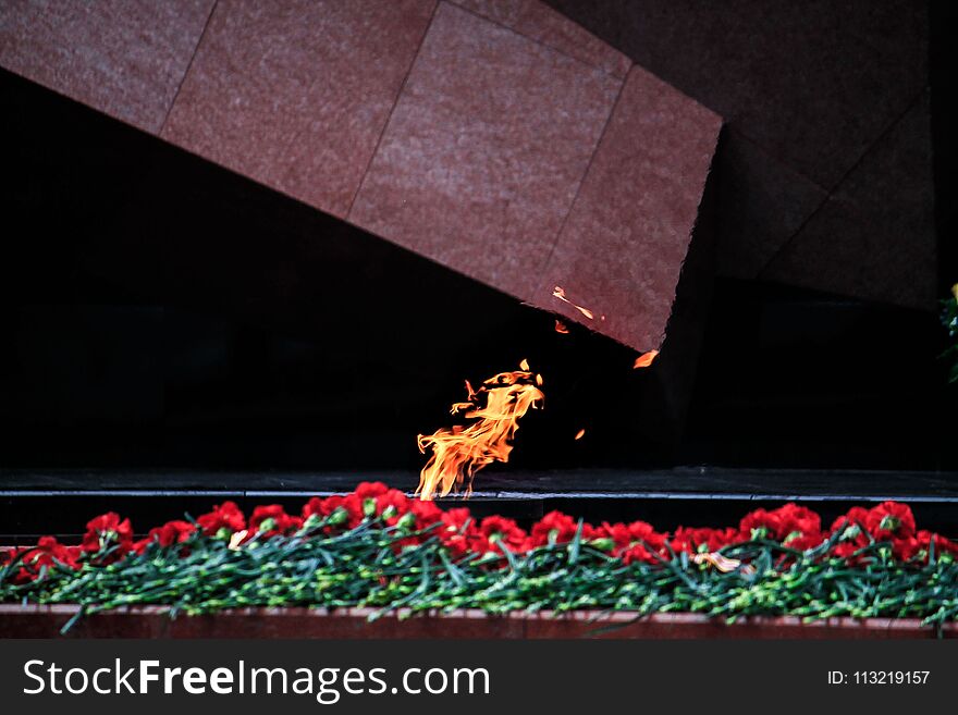 Lots of carnation flowers and the Eternal flame on the black background on a Victory Day as a symbol of memory of dead warriors